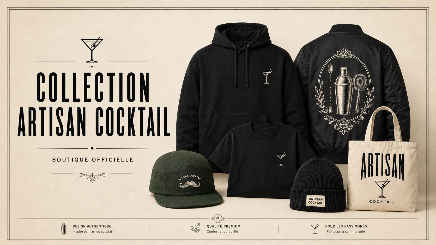 Collection Artisan Cocktail — hoodie, jacket, t-shirt, casquette, tuque et tote bag
