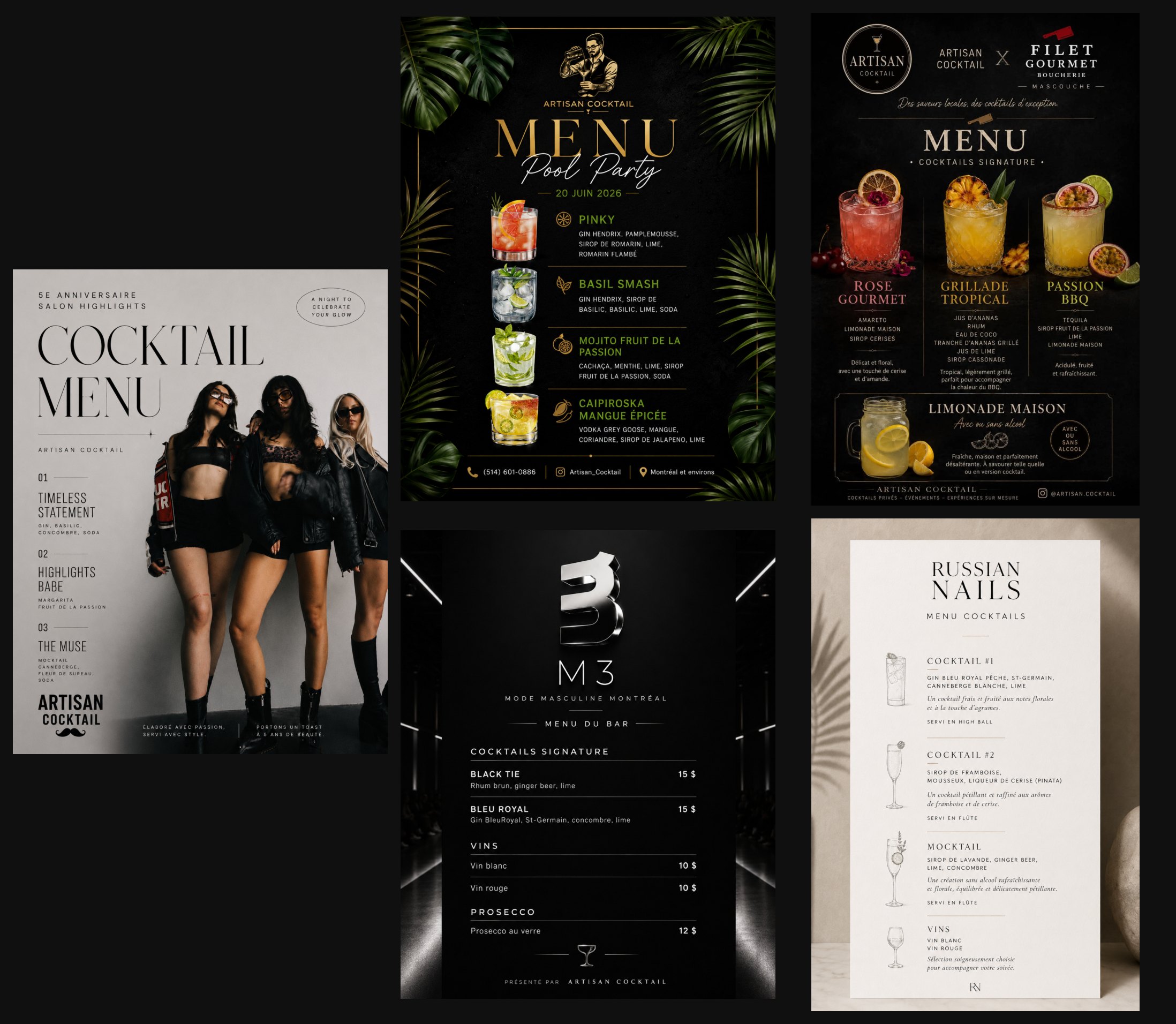 Montage des menus de cocktails créés par Artisan Cocktail pour différents événements