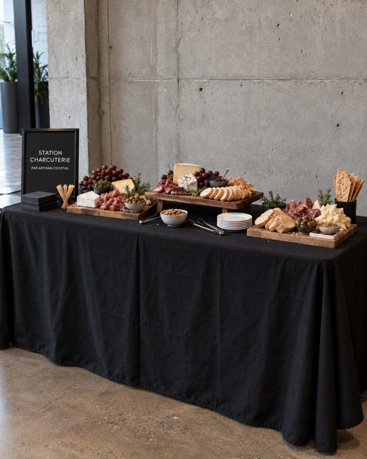 Table à charcuterie Artisan Gourmand montée pour un événement